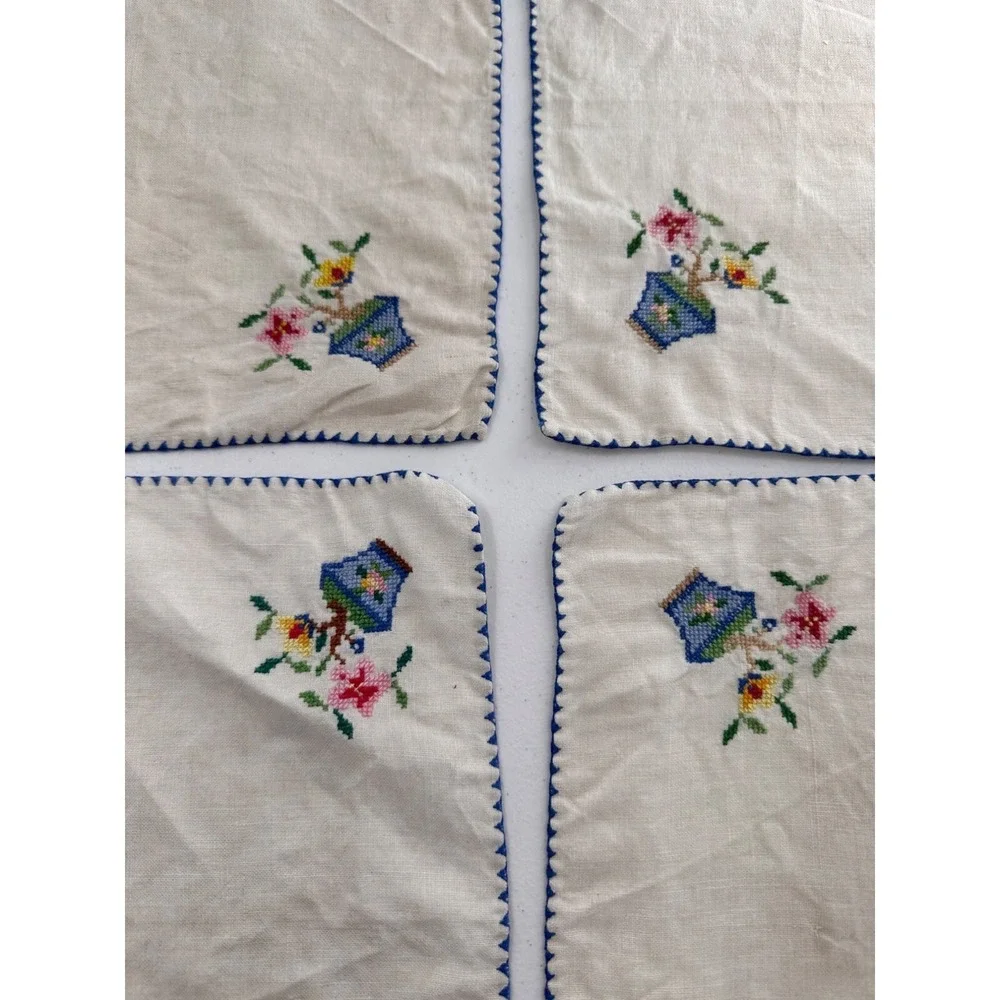 Vtg Embroidered Linen Napkins Set Of‎ 4 10x10 needlepoint country granny boho